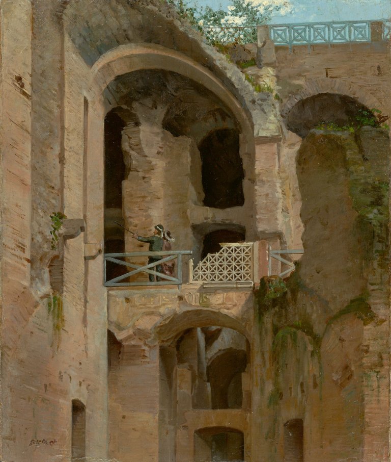 Auf diesem Bild ist das folgende Kunstwerk zu sehen:  Französisch, um 1840. Besichtigung des Kolosseums in Rom. 1829 (?).