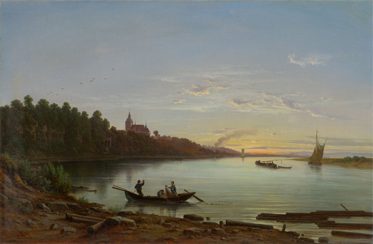 Auf diesem Bild ist das folgende Kunstwerk zu sehen: Johann Anton Castell. Blick auf Briesnitz an der Elbe. 1862.