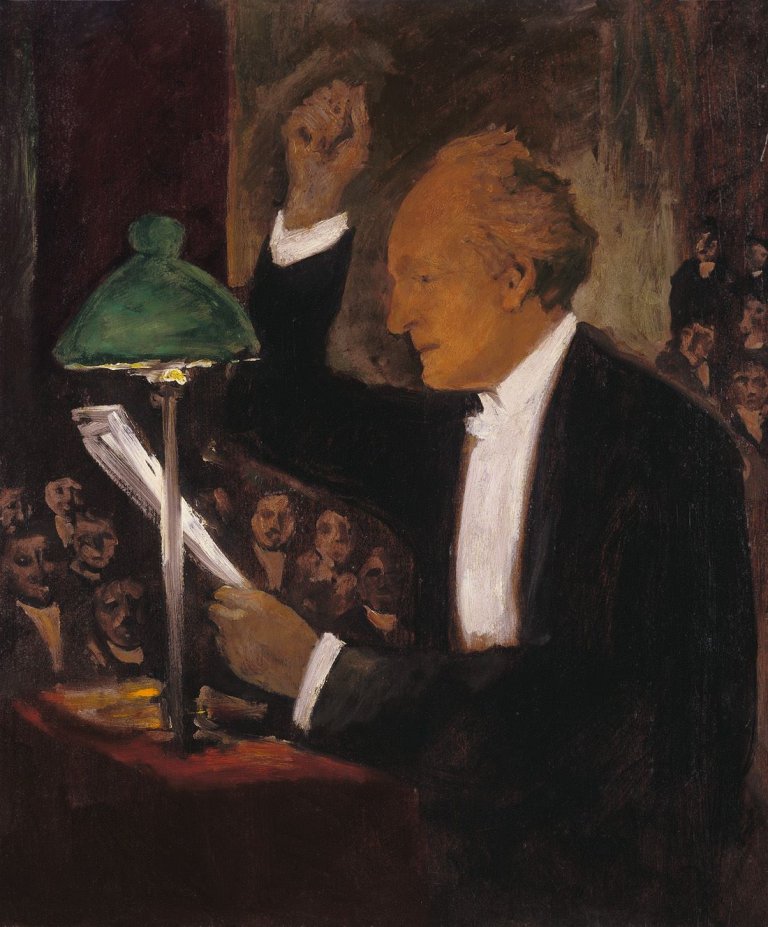 Auf diesem Bild ist das folgende Kunstwerk zu sehen: Emil Orlik. Gerhart Hauptmann bei einer Lesung.