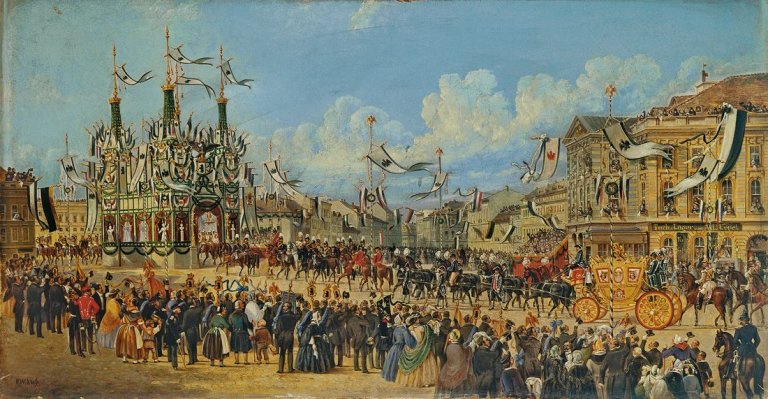Auf diesem Bild ist das folgende Kunstwerk zu sehen: Friedrich Wilhelm Klose. Einzug König Wilhelms I. in Berlin nach seiner Krönung in Königsberg. (Nach) 1861.