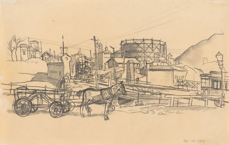 Auf diesem Bild ist das folgende Kunstwerk zu sehen: Karl Holtz. Gasanstalt Berlin-Schmargendorf. 1921.