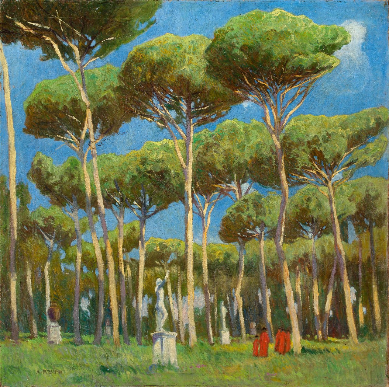 Auf diesem Bild ist das folgende Kunstwerk zu sehen: Angelo Rossini. Kardinäle im Zypressengarten. Um 1915.