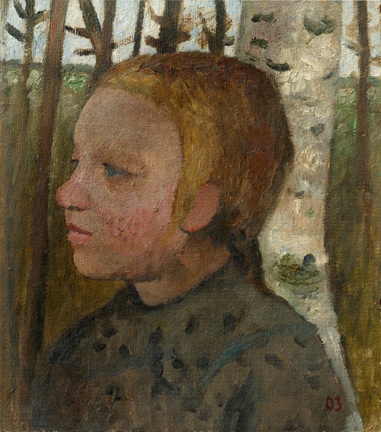 This picture shows the following artwork: Paula Modersohn-Becker. „Brustbild eines Mädchens nach links vor Birken“. 1903.