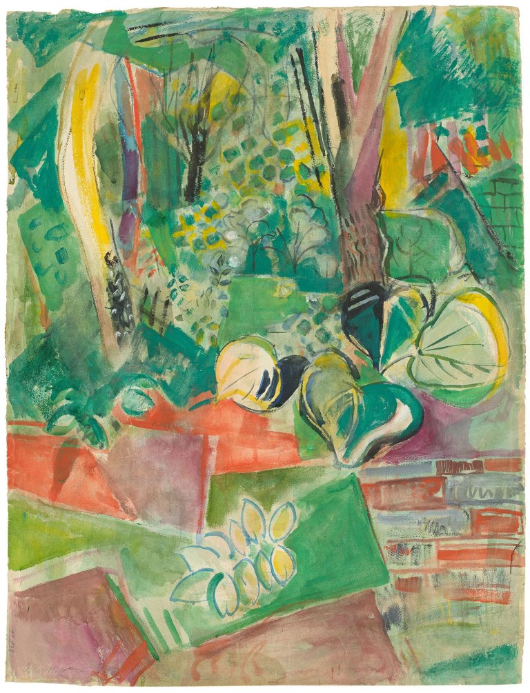 Auf diesem Bild ist das folgende Kunstwerk zu sehen: Oskar Moll. „Gartenbild mit Mauer“. Um 1935.
