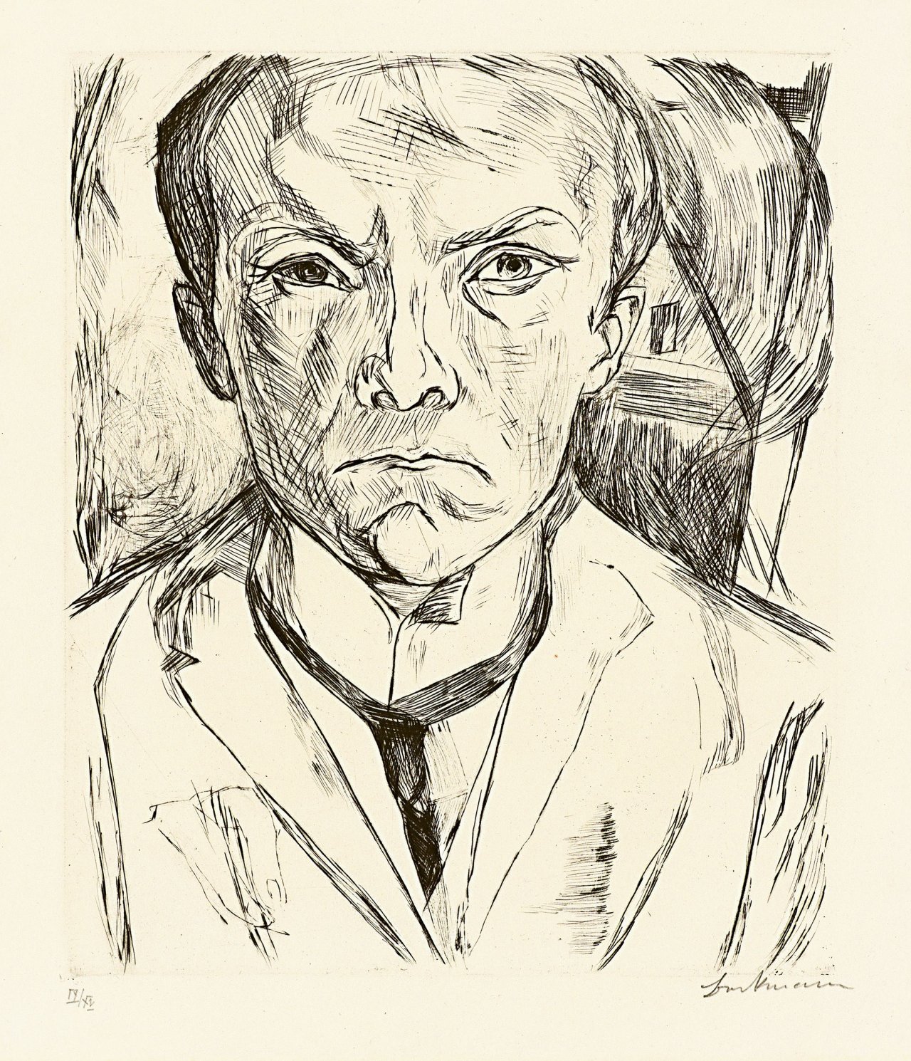 Auf diesem Bild ist das folgende Kunstwerk zu sehen: Max Beckmann. „Selbstbildnis von vorn, im Hintergrund Hausgiebel“. 1918.