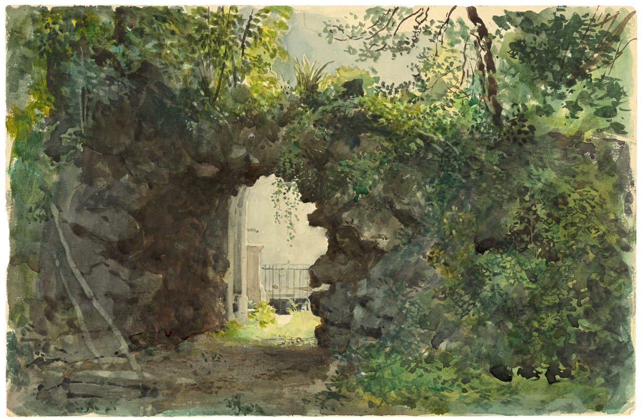 Auf diesem Bild ist das folgende Kunstwerk zu sehen:  Deutsch, um 1840/50. Überwuchertes Tor.