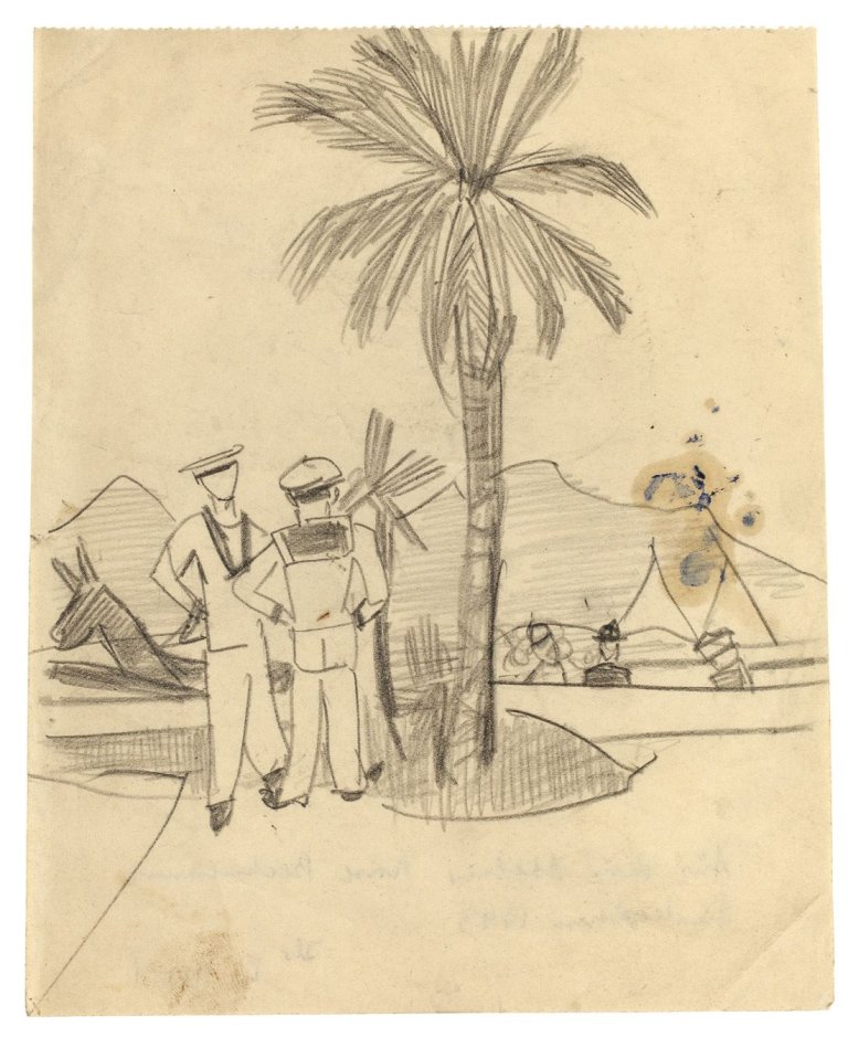 Auf diesem Bild ist das folgende Kunstwerk zu sehen: Max Beckmann. Zwei Matrosen an einer Palme. 1943.