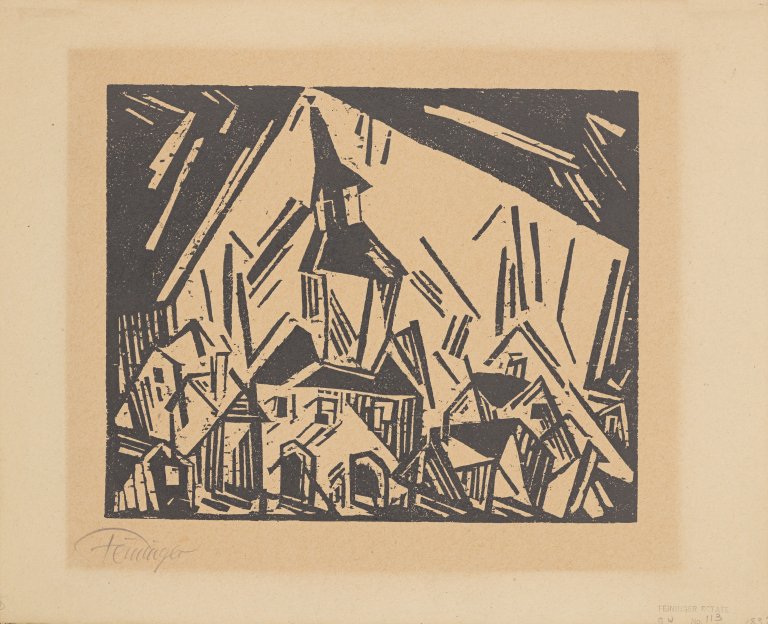 Auf diesem Bild ist das folgende Kunstwerk zu sehen: Lyonel Feininger. „Rathaus von Zottelstedt, 2“. 1918.