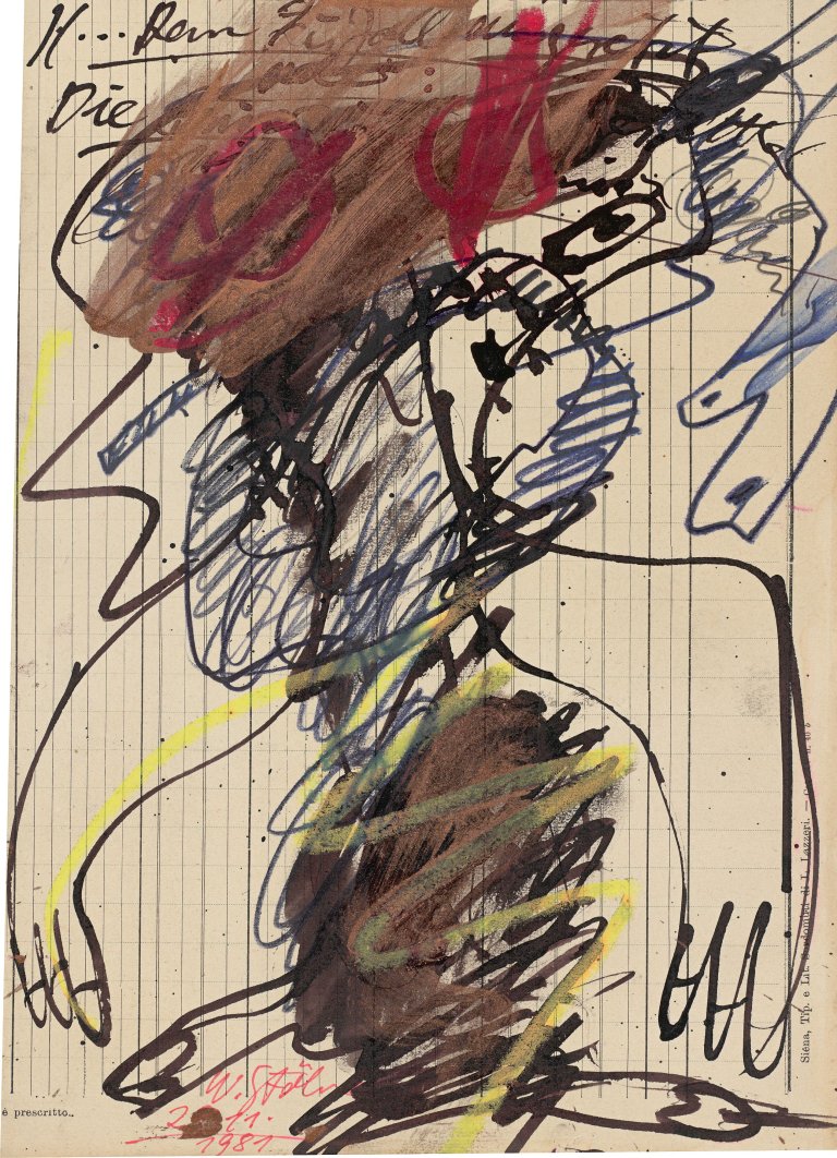 Auf diesem Bild ist das folgende Kunstwerk zu sehen: Walter Stöhrer. „)( ... Dem Zufall ausgesetzt / oder: / Die Quersumme [der Gesichter /will ihr Ergebnis]“. 1981.