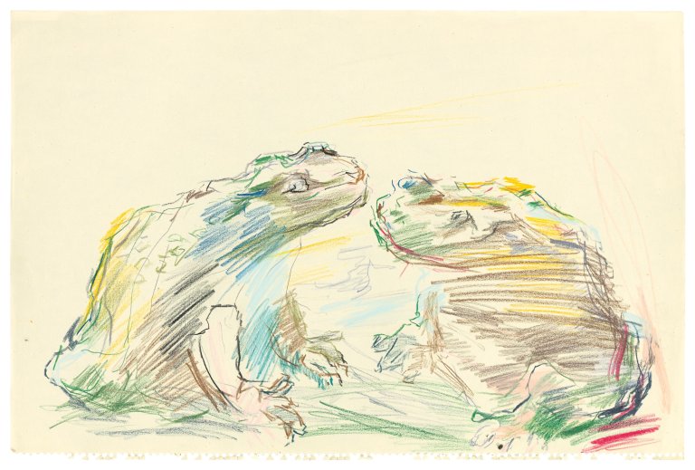 Auf diesem Bild ist das folgende Kunstwerk zu sehen: Oskar Kokoschka. Zwei Frösche. Um 1968.