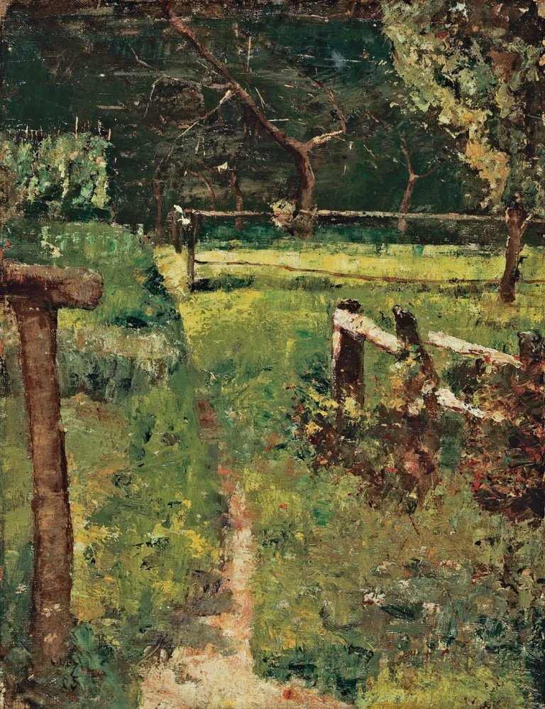 Auf diesem Bild ist das folgende Kunstwerk zu sehen: Lesser Ury. Gartenlichtung mit Zaun. 1883.