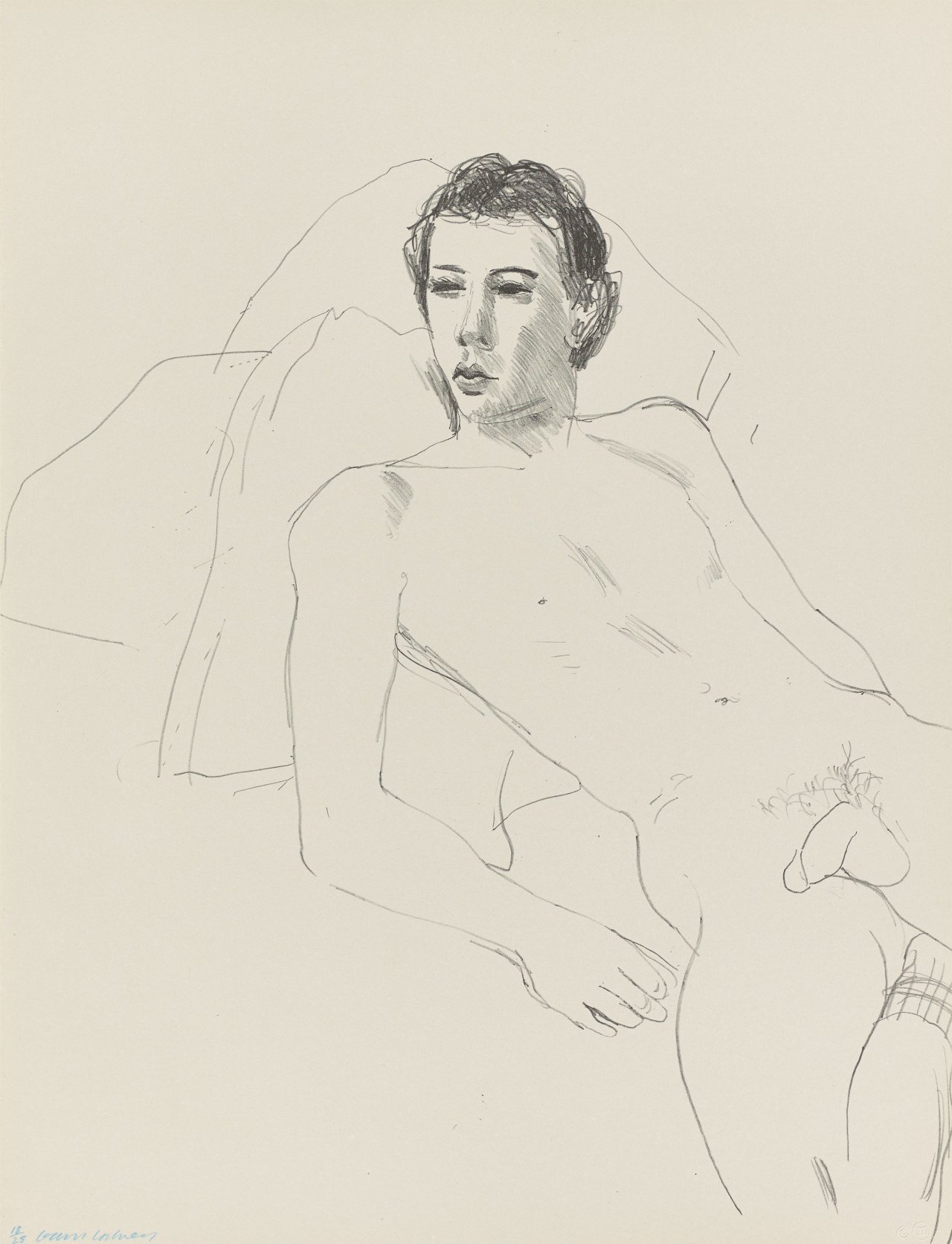 Auf diesem Bild ist das folgende Kunstwerk zu sehen: David Hockney. „Gregory Reclining“. 1976/77.