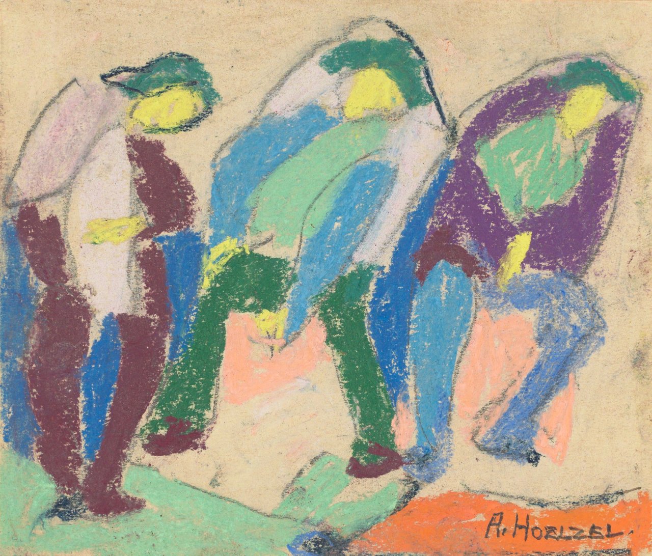 Auf diesem Bild ist das folgende Kunstwerk zu sehen: Adolf Hölzel. Drei Männer auf Rot. Um 1925/30.