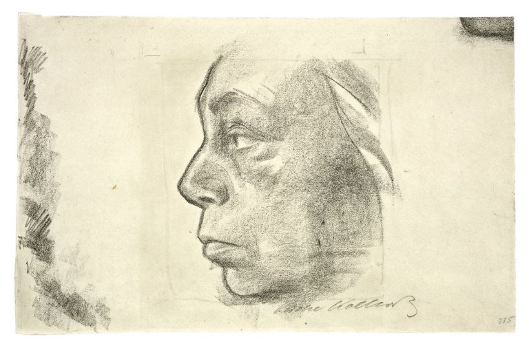 Auf diesem Bild ist das folgende Kunstwerk zu sehen: Käthe Kollwitz. Selbstportrait im Profil. 1920er Jahre.