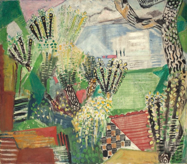 Auf diesem Bild ist das folgende Kunstwerk zu sehen: Oskar Moll. „Obstbäume mit roten Dächern (Bodensee)“. Um 1934.