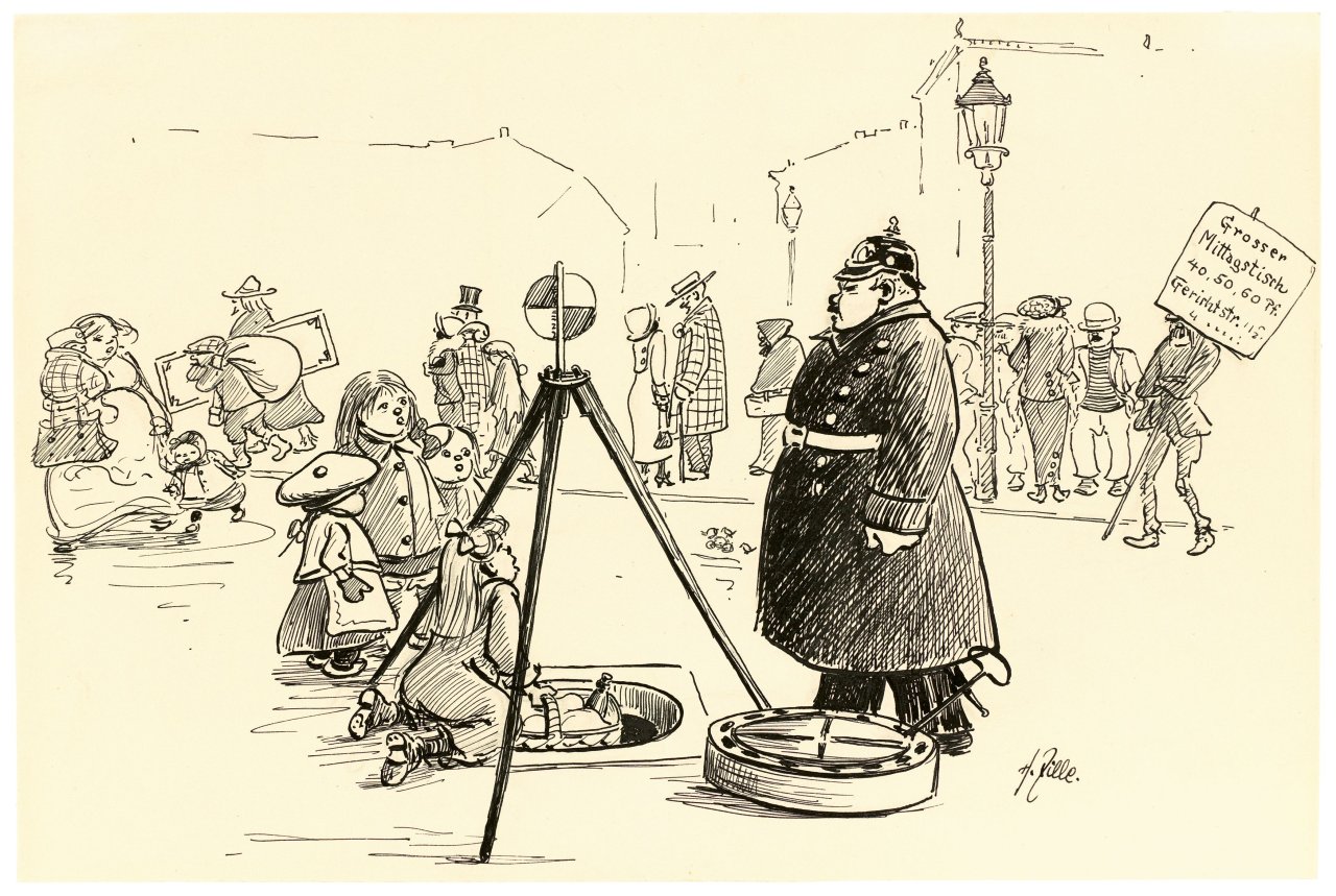 Auf diesem Bild ist das folgende Kunstwerk zu sehen: Heinrich Zille. Am Kanal – Was soll das? Was macht Ihr denn da? Wir bring'n Vata'ns Mittag!. 1913.
