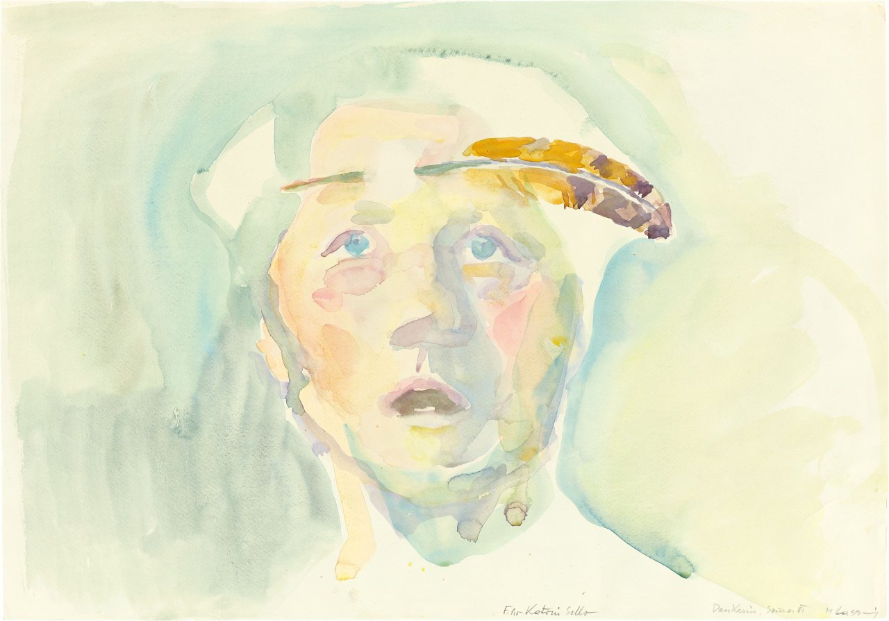 Auf diesem Bild ist das folgende Kunstwerk zu sehen: Maria Lassnig. „Denkerin“ (Selbstbildnis). 1981.
