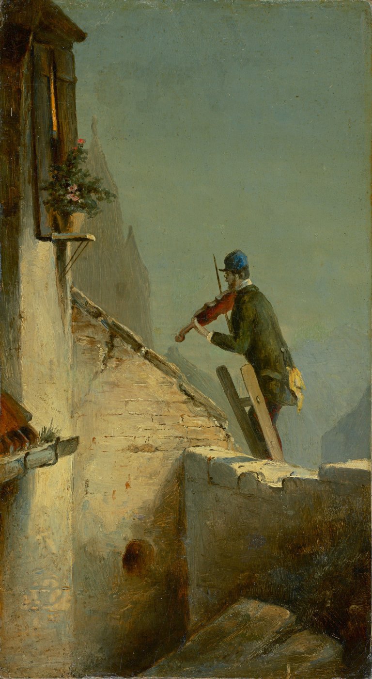 Auf diesem Bild ist das folgende Kunstwerk zu sehen: Carl Spitzweg. „Ständchen (MItternachtsgeiger auf der Leiter)“. Um 1850.
