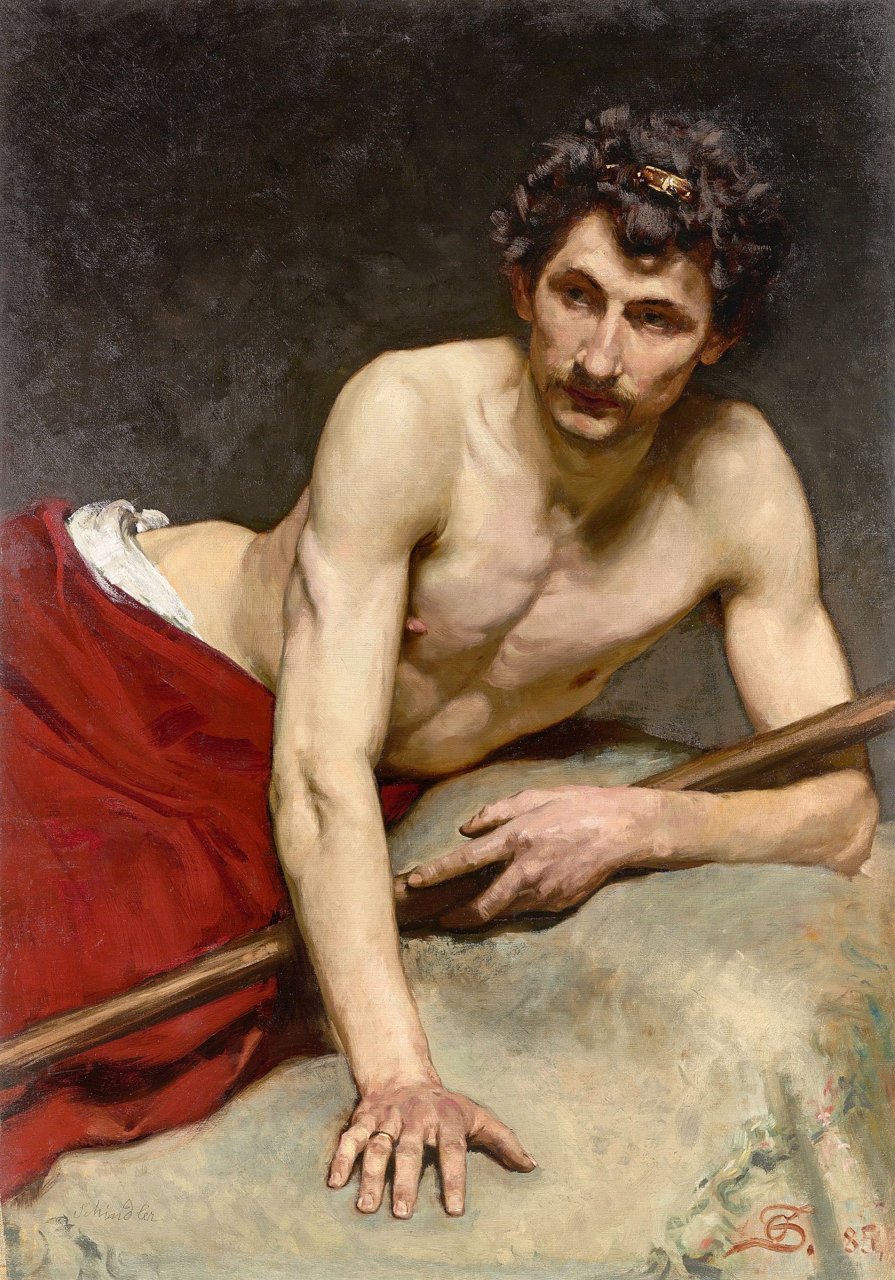 Auf diesem Bild ist das folgende Kunstwerk zu sehen: Osmar Schindler. Liegender männlicher Akt mit aufgestützten Armen und Goldreif. 1885.
