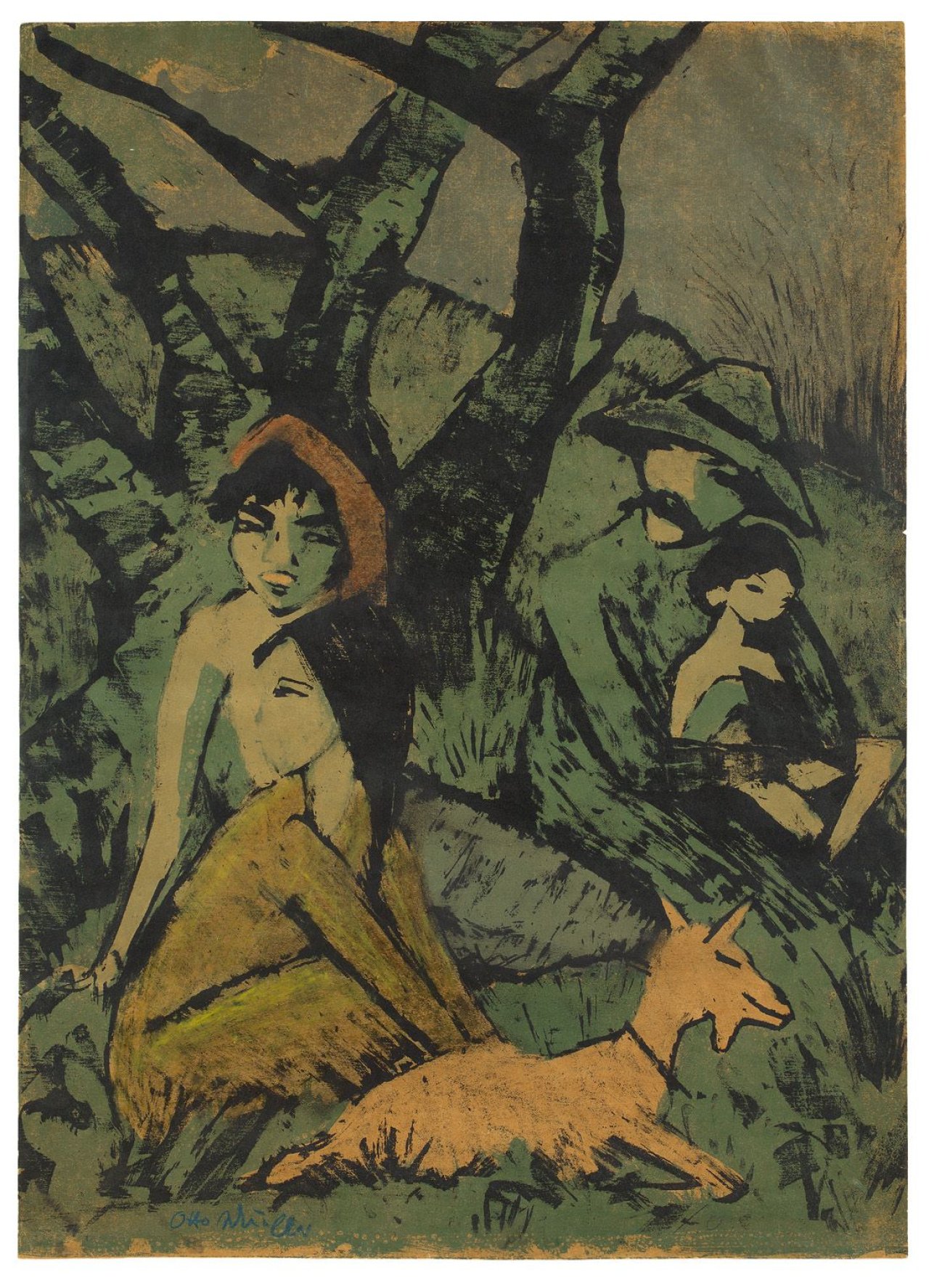 Auf diesem Bild ist das folgende Kunstwerk zu sehen: Otto Mueller. „Lagernde Zigeunerfamilie mit Ziege“. 1926/27.