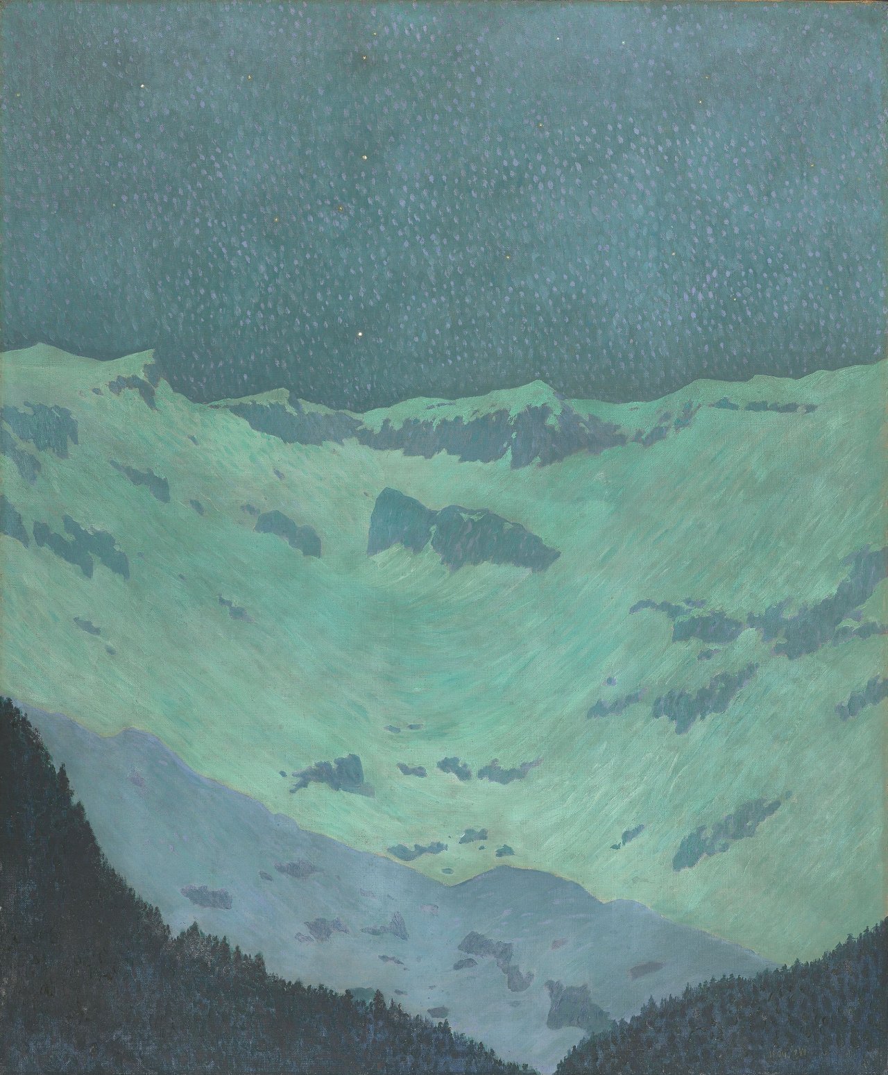 Auf diesem Bild ist das folgende Kunstwerk zu sehen: Gustav Wunderwald. „Mondschein im Gebirge, Tirol“. 1909.