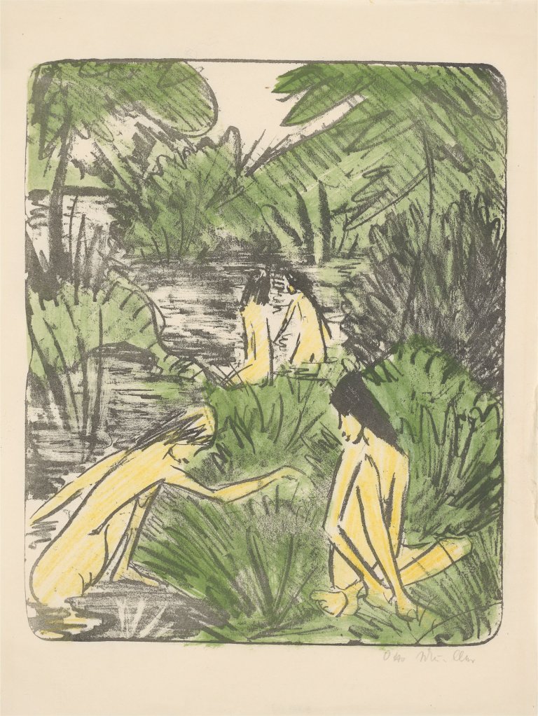 Auf diesem Bild ist das folgende Kunstwerk zu sehen: Otto Mueller. „Waldsee mit drei badenden und einem sitzenden Mädchen 2“. 1918.