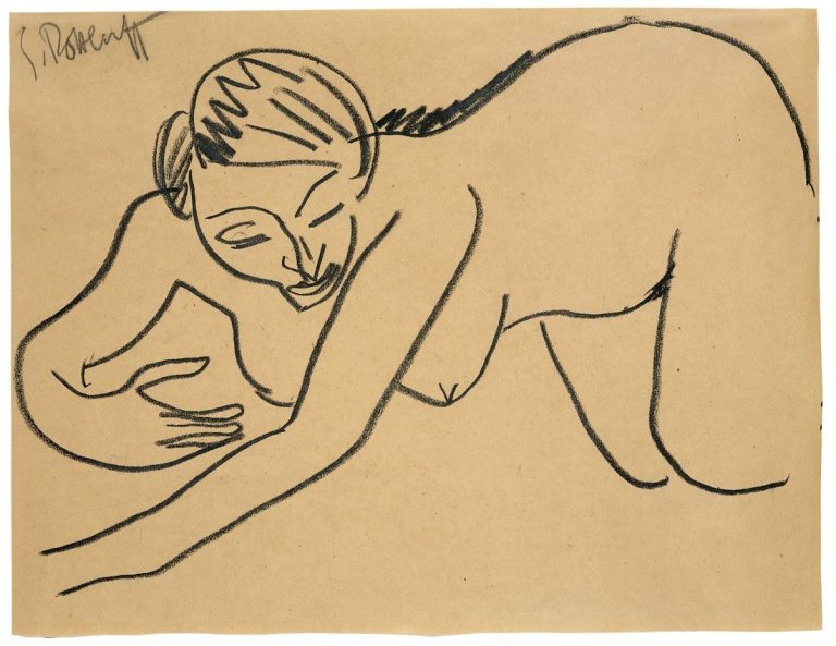 Auf diesem Bild ist das folgende Kunstwerk zu sehen: Karl Schmidt-Rottluff. Kauernder weiblicher Akt. Um 1910/11.