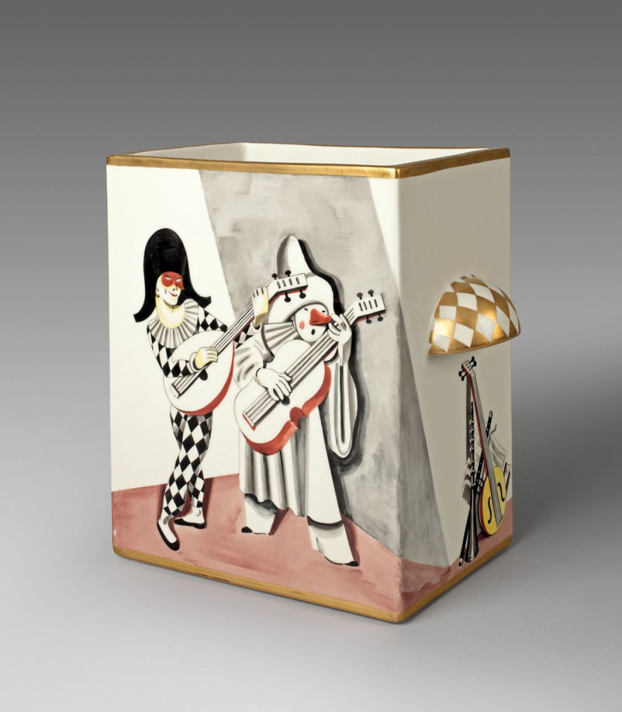 Auf diesem Bild ist das folgende Kunstwerk zu sehen:  Staatliche Porzellan-Manufaktur Berlin. Kakteenkasten mit Figuren der Commedia dell’Arte. Nach dem Entwurf von Richard Seewald (1889–1976). 1927.