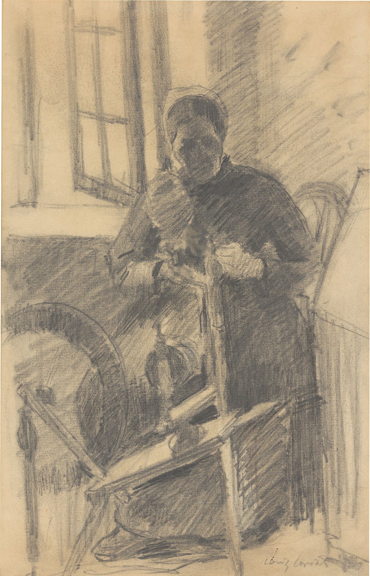 This picture shows the following artwork: Lovis Corinth. Alte Frau am Spinnrad. Circa 1886.
