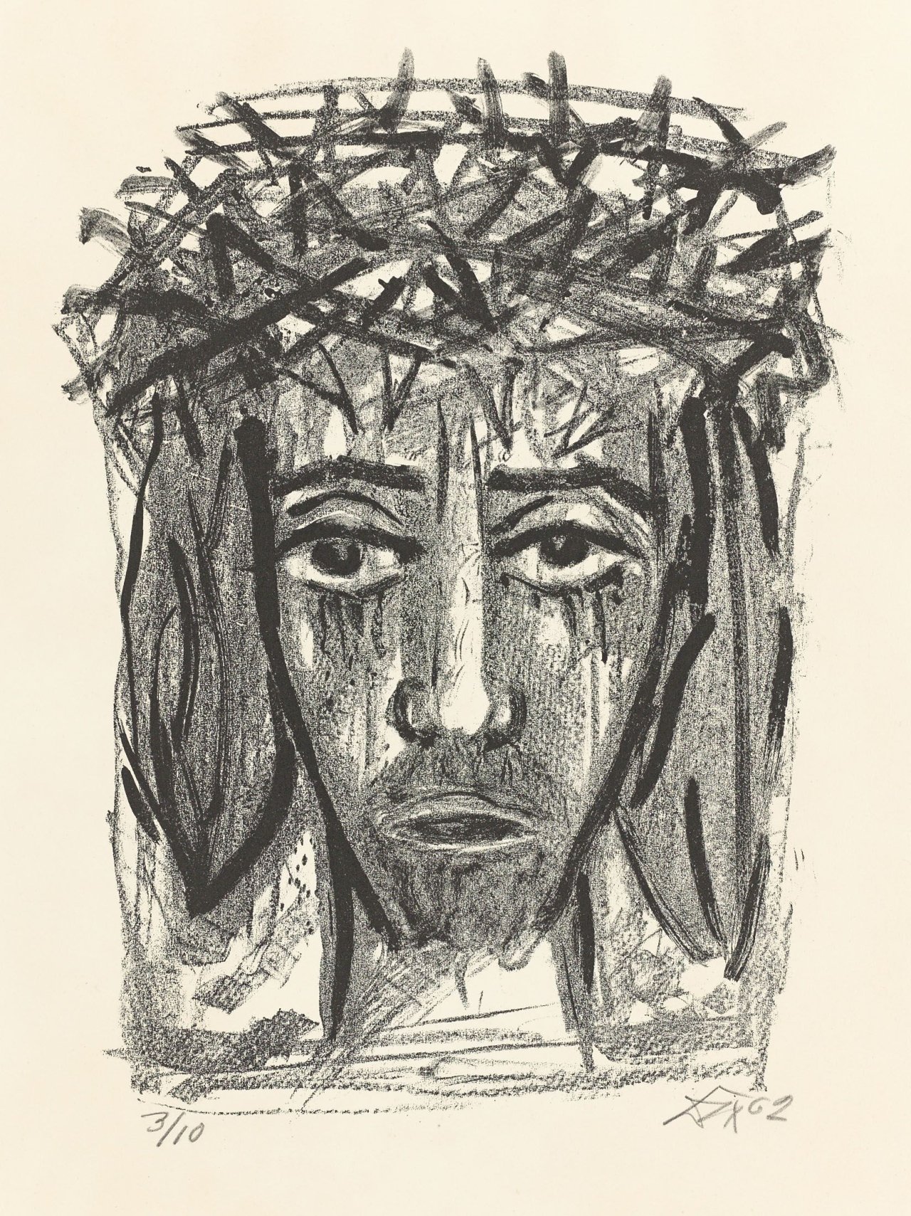 Auf diesem Bild ist das folgende Kunstwerk zu sehen: Otto Dix. „I.N.R.I. (Christuskopf von vorn)“. 1962.