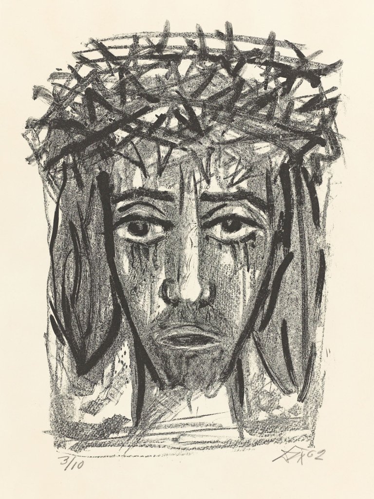 Auf diesem Bild ist das folgende Kunstwerk zu sehen: Otto Dix. „I.N.R.I. (Christuskopf von vorn)“. 1962.