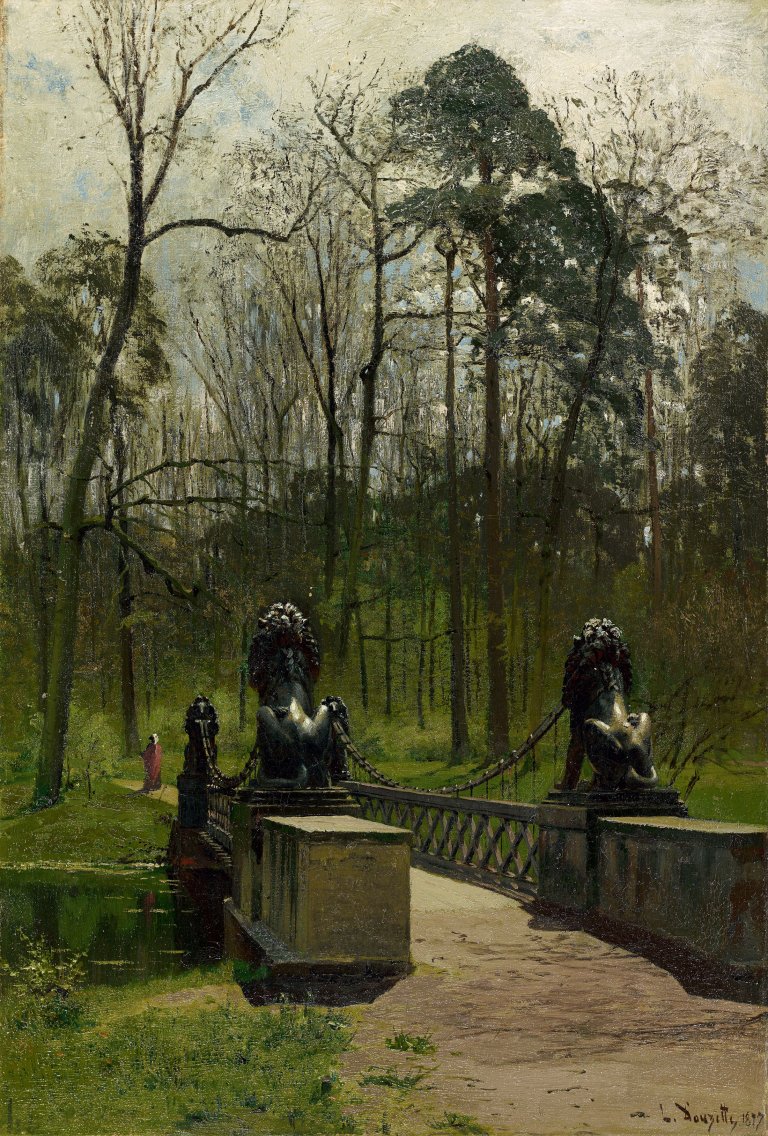Auf diesem Bild ist das folgende Kunstwerk zu sehen: Louis Douzette. Die Löwenbrücke im Tiergarten (Berlin). 1897.