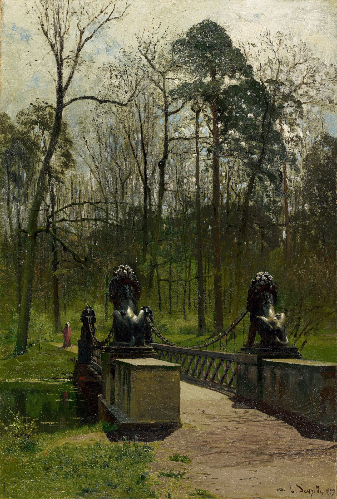Auf diesem Bild ist das folgende Kunstwerk zu sehen: Louis Douzette. Die Löwenbrücke im Tiergarten (Berlin). 1897.