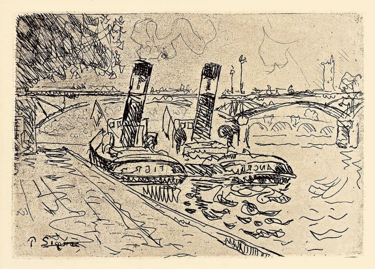 Auf diesem Bild ist das folgende Kunstwerk zu sehen: Paul Signac. „Paris: Le Pont des Arts avec Remorqueurs“. Um 1927.