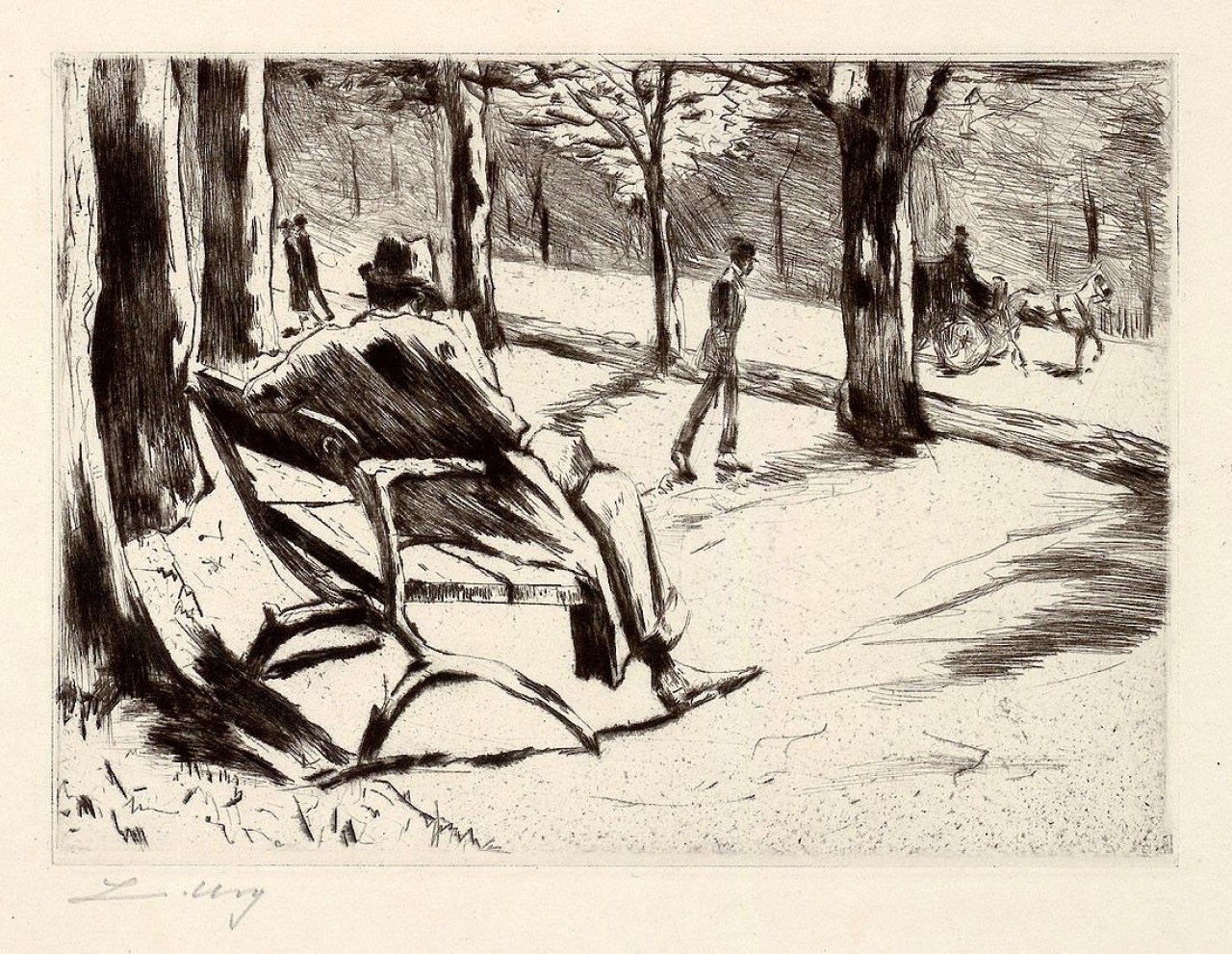 Auf diesem Bild ist das folgende Kunstwerk zu sehen: Lesser Ury. „Zeitungsleser mit Filzhut im Tiergarten“. 1922.