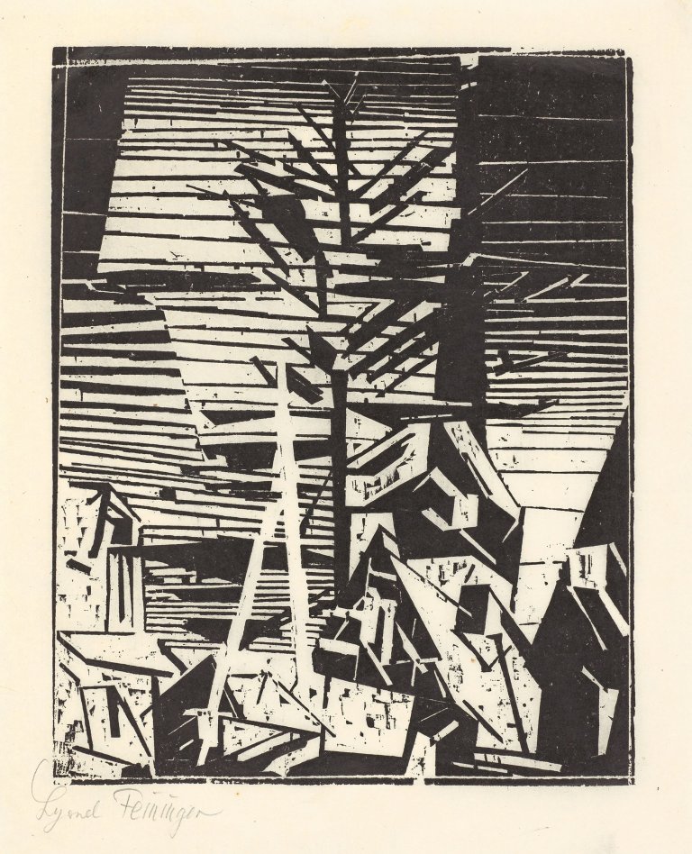 Auf diesem Bild ist das folgende Kunstwerk zu sehen: Lyonel Feininger. „Gelmeroda (mit Tanne)“. 1918.
