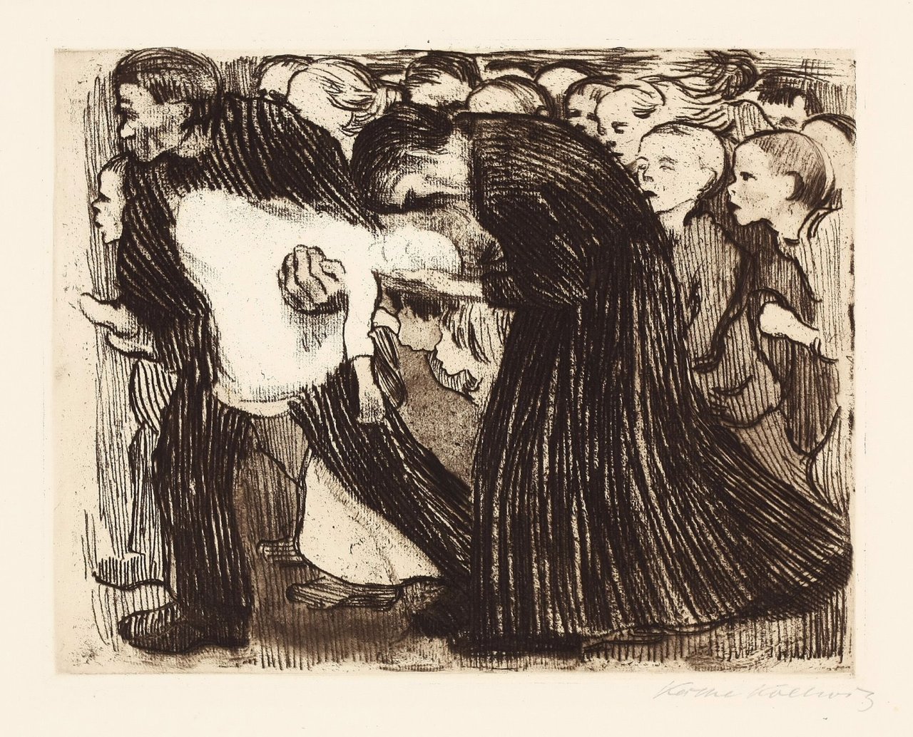 Auf diesem Bild ist das folgende Kunstwerk zu sehen: Käthe Kollwitz. „Überfahren“. 1910.