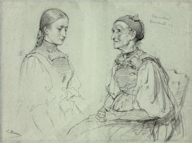 Auf diesem Bild ist das folgende Kunstwerk zu sehen: Ludwig Knaus. Jugend und Alter. 1853.