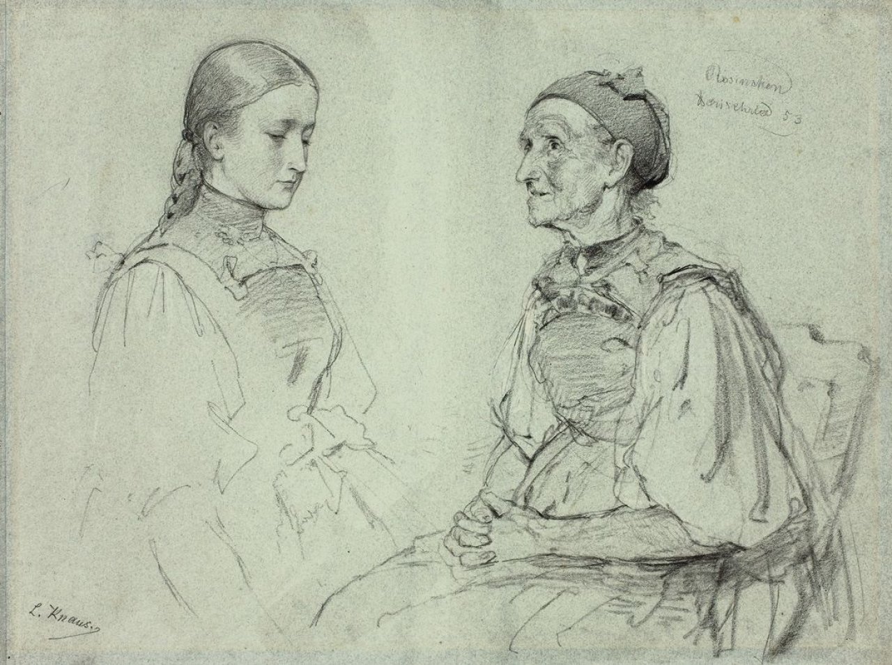 Auf diesem Bild ist das folgende Kunstwerk zu sehen: Ludwig Knaus. Jugend und Alter. 1853.