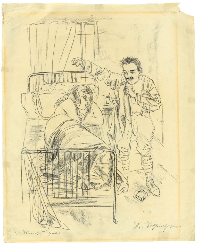 Auf diesem Bild ist das folgende Kunstwerk zu sehen: Rudolf Schlichter. Im Bett („Zu: Menschenhaut“). (Vor) 1924.
