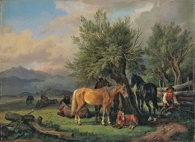 Auf diesem Bild ist das folgende Kunstwerk zu sehen: Johann Adam Klein. Pferdekoppel mit einem Hirten. 1867.