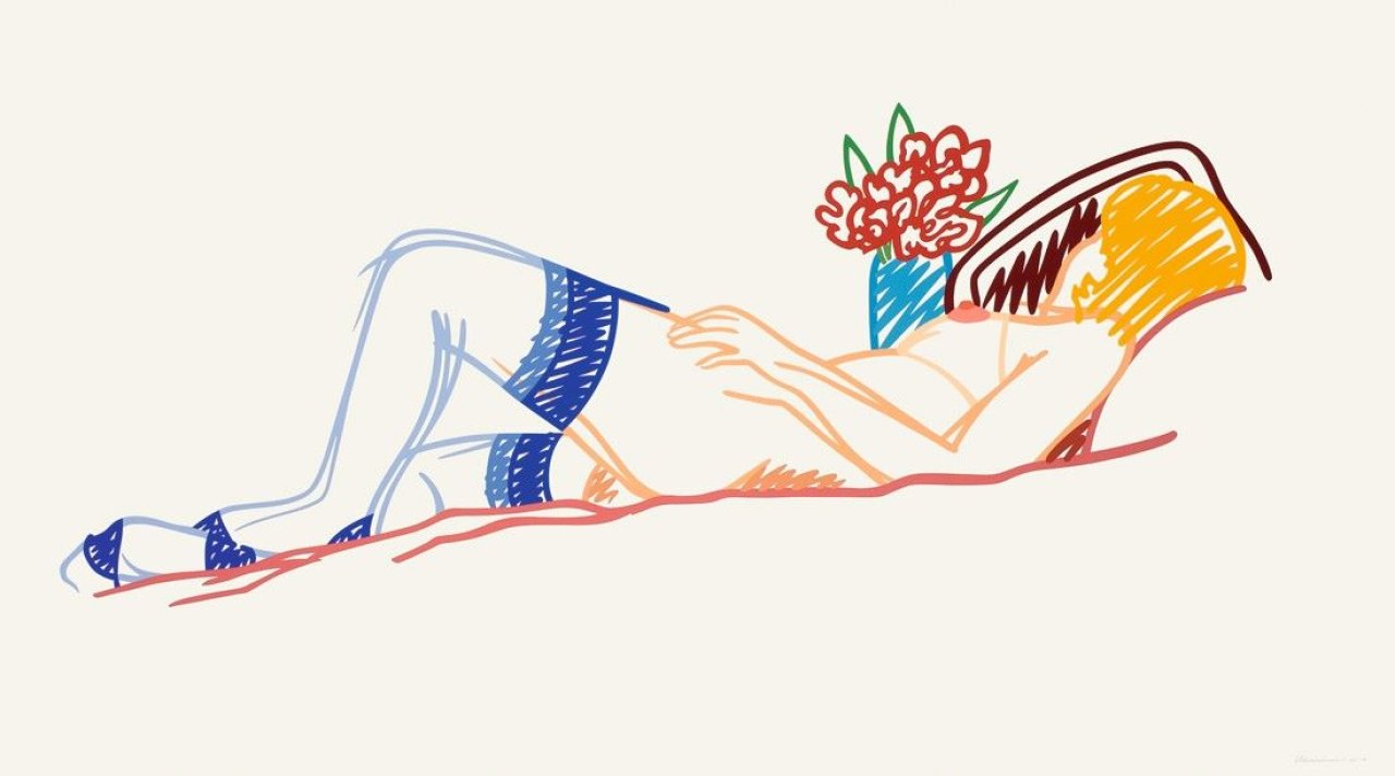 Auf diesem Bild ist das folgende Kunstwerk zu sehen: Tom Wesselmann. Nude with Bouquet and Blue Stockings. 1991.