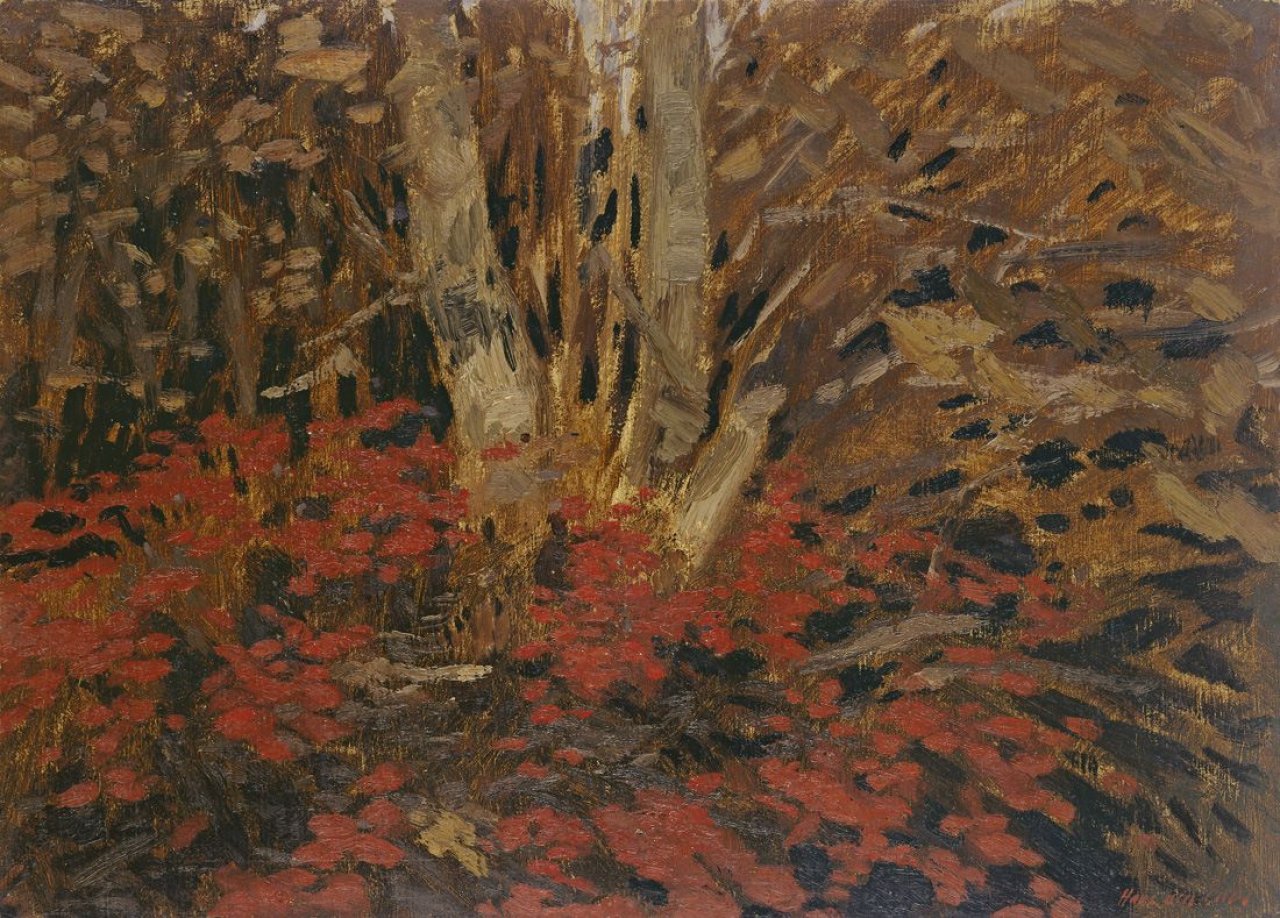 Auf diesem Bild ist das folgende Kunstwerk zu sehen: Hans am Ende. Birkenstämme zwischen roten Blumen. Um 1890/1900.