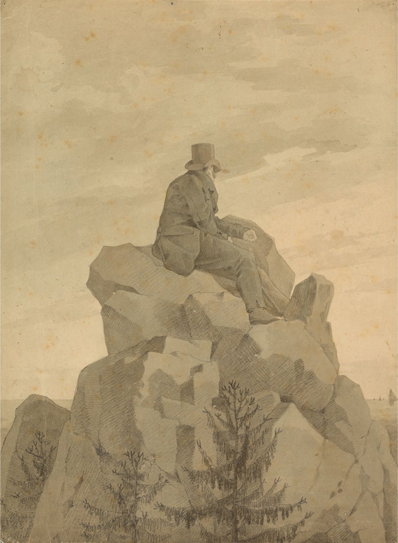This picture shows the following artwork: Georg Friedrich Kersting. Caspar David Friedrich on the rock (”Ausblick aufs Meer”). Friendship portrait and early realisation of a programmatic pictorial idea by Caspar David Friedrich. Circa 1809/10.