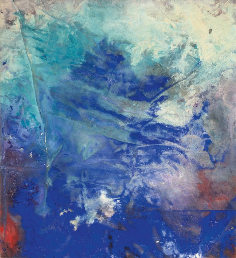 Auf diesem Bild ist das folgende Kunstwerk zu sehen: Fred Thieler. „H-K-V/84 (Über landschaftlichem Blau)“. 1984.