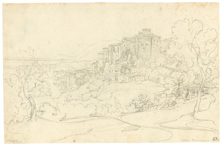 Auf diesem Bild ist das folgende Kunstwerk zu sehen: Ernst Fries. „Blick von Osten auf Olevano“. 1824.