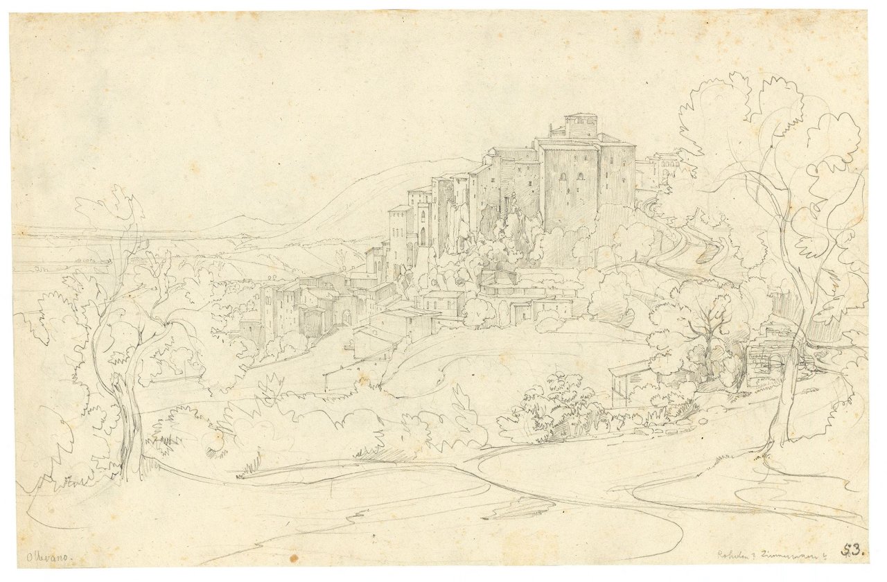 Auf diesem Bild ist das folgende Kunstwerk zu sehen: Ernst Fries. „Blick von Osten auf Olevano“. 1824.