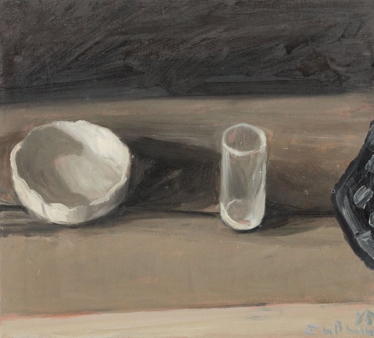 Auf diesem Bild ist das folgende Kunstwerk zu sehen: Klaus Fußmann. Stilleben mit Glas und Schale. 1985.