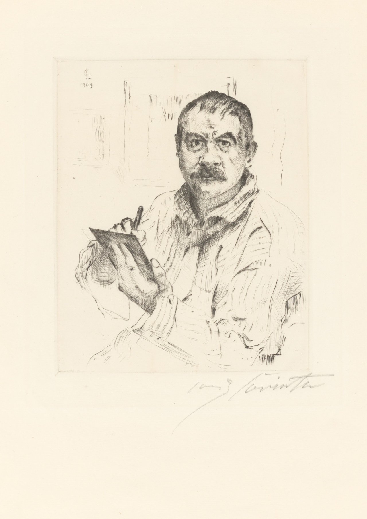 Auf diesem Bild ist das folgende Kunstwerk zu sehen: Lovis Corinth. „Selbstbildnis radierend“. 1909.
