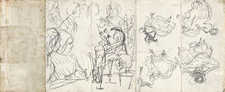 Auf diesem Bild ist das folgende Kunstwerk zu sehen: Adolph Menzel. Szenen aus einer Gesellschaft. Um 1865.